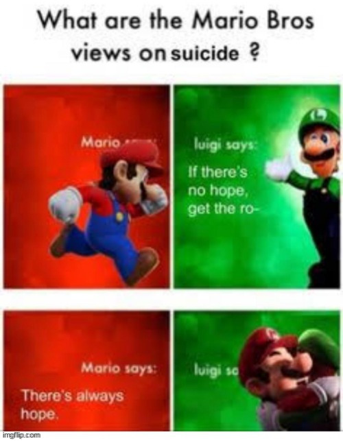 What are the Mario’s bros views on suicide | image tagged in what are the mario s bros views on suicide | made w/ Imgflip meme maker