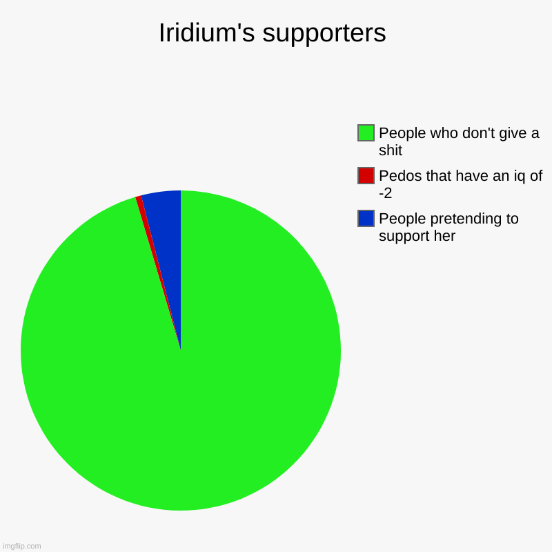 ? | Iridium's supporters | People pretending to support her, Pedos that have an iq of -2, People who don't give a shit | image tagged in charts,pie charts | made w/ Imgflip chart maker