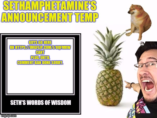 Seth's announcement temp | GUYS GO HERE RN HTTPS://IMGFLIP.COM/I/8QFMRW CANT PLUG, UNTIL COMMENT BAN DONE SORRY. | image tagged in seth's announcement temp | made w/ Imgflip meme maker