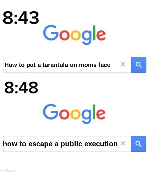 Help me guys please am beg | How to put a tarantula on moms face; how to escape a public execution | image tagged in google before after | made w/ Imgflip meme maker