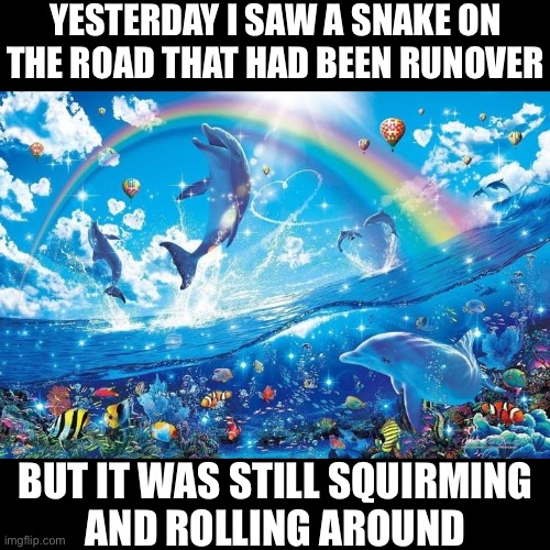 Quite a large F | YESTERDAY I SAW A SNAKE ON THE ROAD THAT HAD BEEN RUNOVER; BUT IT WAS STILL SQUIRMING
AND ROLLING AROUND | image tagged in happy dolphin rainbow | made w/ Imgflip meme maker
