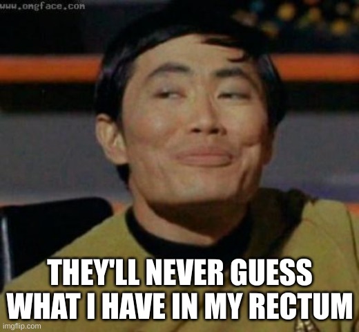 sulu | THEY'LL NEVER GUESS WHAT I HAVE IN MY RECTUM | image tagged in sulu | made w/ Imgflip meme maker
