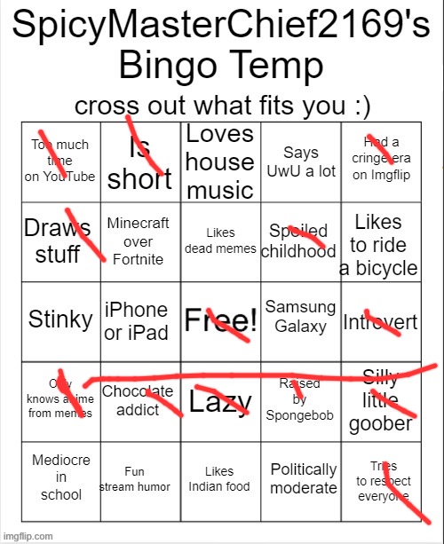 SpicyMasterChief2169's Bingo Temp | image tagged in spicymasterchief2169's bingo temp | made w/ Imgflip meme maker