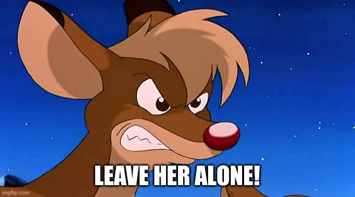 Angry Rudolph | LEAVE HER ALONE! | image tagged in angry rudolph | made w/ Imgflip meme maker