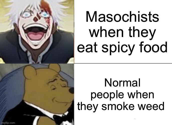 Both equally high | Masochists when they eat spicy food; Normal people when they smoke weed | image tagged in memes,tuxedo winnie the pooh,funny,hot | made w/ Imgflip meme maker