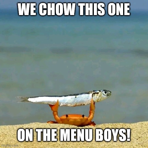 Seafood Restaurants be liek: | WE CHOW THIS ONE; ON THE MENU BOYS! | image tagged in restaurants,fish | made w/ Imgflip meme maker