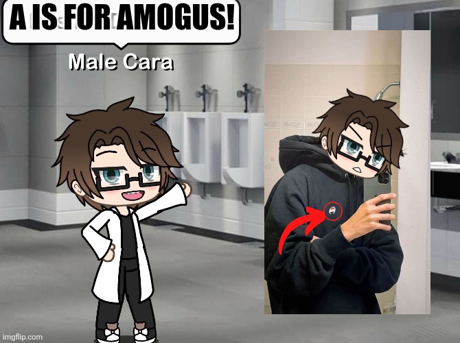 Male Cara's champion hoodies are literally AMONG US characters | A IS FOR AMOGUS! | image tagged in pop up school 2,pus2,male cara,amogus,x is for x | made w/ Imgflip meme maker