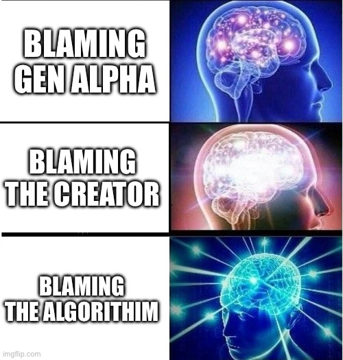 Expanding brain 3 panels | BLAMING GEN ALPHA BLAMING THE CREATOR BLAMING THE ALGORITHIM | image tagged in expanding brain 3 panels | made w/ Imgflip meme maker