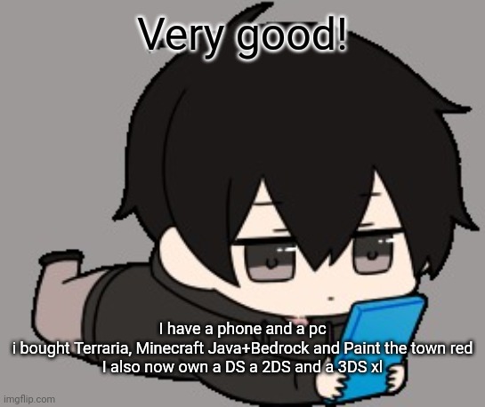 Shadow:bored | Very good! I have a phone and a pc
i bought Terraria, Minecraft Java+Bedrock and Paint the town red
I also now own a DS a 2DS and a 3DS xl | image tagged in shadow bored | made w/ Imgflip meme maker