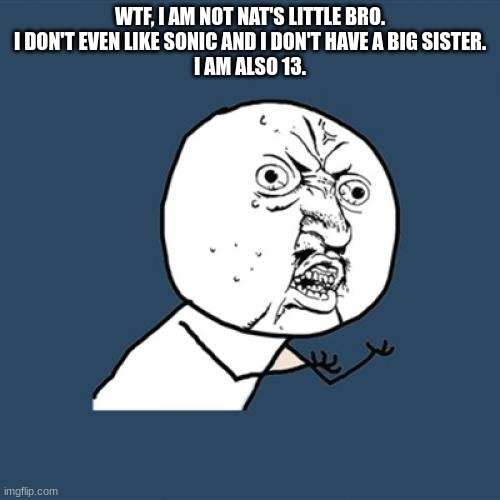 I don't even Nat IRL. I don;t even know what he looks like. | WTF, I AM NOT NAT'S LITTLE BRO.
I DON'T EVEN LIKE SONIC AND I DON'T HAVE A BIG SISTER.
I AM ALSO 13. | image tagged in memes,y u no | made w/ Imgflip meme maker
