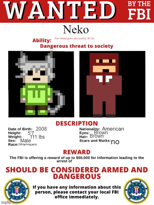 FBI Wanted Posted (FREE TO USE) | Neko; Can reload guns very quickly, W rizz; American; 2008; Brown; 5'7; Brown; 111 lbs; no; Male; White/Hispanic | image tagged in fbi wanted posted free to use | made w/ Imgflip meme maker