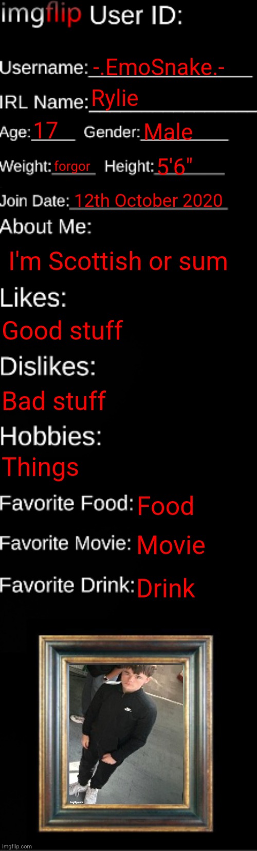 imgflip ID Card | -.EmoSnake.- Rylie 17 Male forgor 5'6" 12th October 2020 I'm Scottish or sum Good stuff Bad stuff Things Food Movie Drink | image tagged in imgflip id card | made w/ Imgflip meme maker