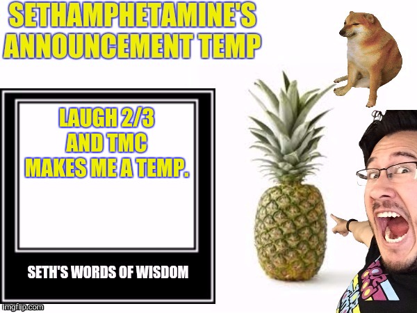 Seth's announcement temp | LAUGH 2/3 AND TMC MAKES ME A TEMP. | image tagged in seth's announcement temp | made w/ Imgflip meme maker