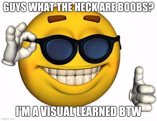 Thumbs Up Emoji | GUYS WHAT THE HECK ARE BOOBS? I'M A VISUAL LEARNED BTW | image tagged in thumbs up emoji | made w/ Imgflip meme maker