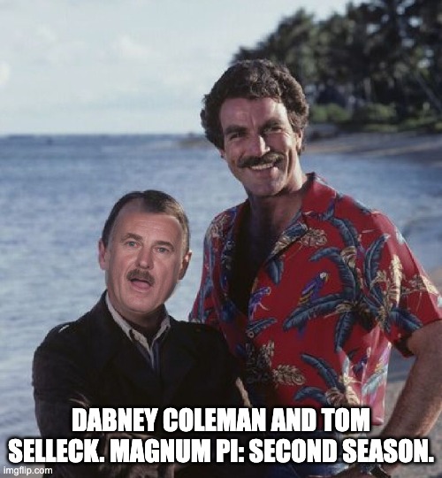 DABNEY COLEMAN AND TOM SELLECK. MAGNUM PI: SECOND SEASON. | image tagged in magnum pi | made w/ Imgflip meme maker