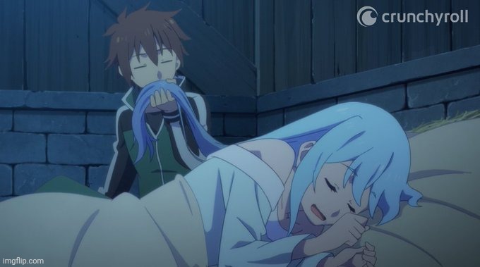Kazuma sniffing Aqua's hair | image tagged in kazuma sniffing aqua's hair | made w/ Imgflip meme maker