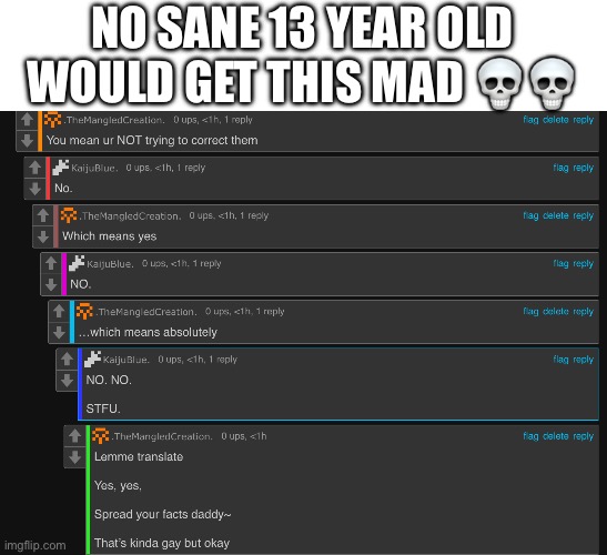 NO SANE 13 YEAR OLD WOULD GET THIS MAD 💀💀 | image tagged in s | made w/ Imgflip meme maker