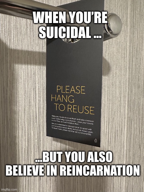 Please Hang to Reuse | WHEN YOU’RE SUICIDAL …; …BUT YOU ALSO BELIEVE IN REINCARNATION | image tagged in please hang to reusr | made w/ Imgflip meme maker