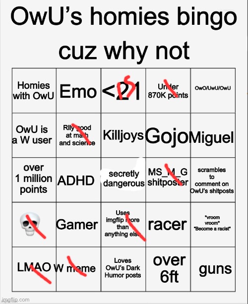 OwU’s homies bingo | image tagged in owu s homies bingo | made w/ Imgflip meme maker