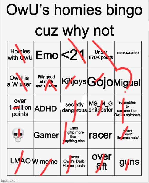 OwU’s homies bingo | image tagged in owu s homies bingo | made w/ Imgflip meme maker