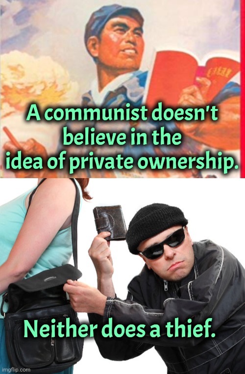 Greatness of Communism | A communist doesn't believe in the idea of private ownership. Neither does a thief. | image tagged in communism,marxism,thieves,communist | made w/ Imgflip meme maker