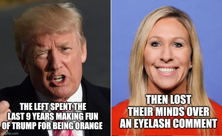 Trump Stormy Daniels | THEN LOST THEIR MINDS OVER AN EYELASH COMMENT; THE LEFT SPENT THE LAST 9 YEARS MAKING FUN OF TRUMP FOR BEING ORANGE | image tagged in trump stormy daniels | made w/ Imgflip meme maker