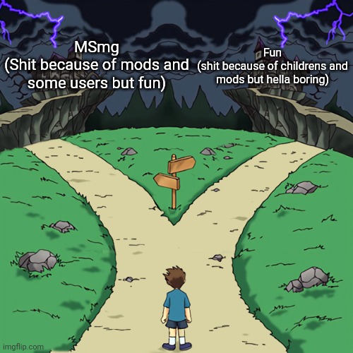 Two paths | MSmg
(Shit because of mods and some users but fun); Fun
(shit because of childrens and mods but hella boring) | image tagged in two paths | made w/ Imgflip meme maker