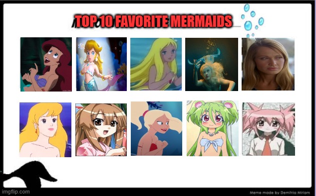 top 10 favorite mermaids | TOP 10 FAVORITE MERMAIDS | image tagged in top 10 favorite mermaids,the little mermaid,anime,princess peach,cartoons,movies | made w/ Imgflip meme maker