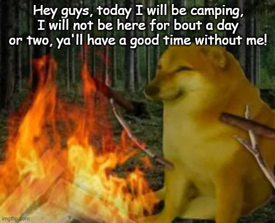 Ima be camping | Hey guys, today I will be camping, I will not be here for bout a day or two, ya'll have a good time without me! | image tagged in cheems going camping | made w/ Imgflip meme maker