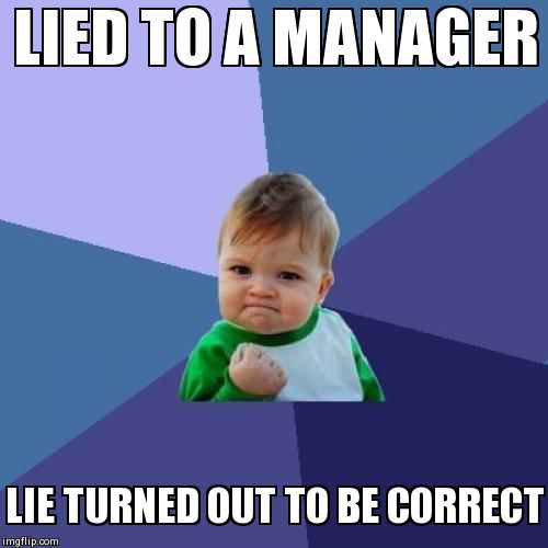 Success Kid | LIED TO A MANAGER LIE TURNED OUT TO BE CORRECT | image tagged in memes,success kid | made w/ Imgflip meme maker
