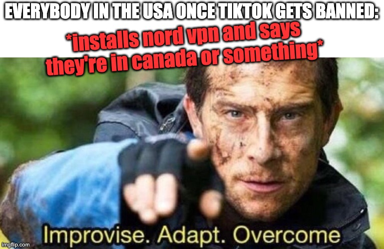 . | EVERYBODY IN THE USA ONCE TIKTOK GETS BANNED:; *installs nord vpn and says they're in canada or something* | image tagged in improvise adapt overcome | made w/ Imgflip meme maker