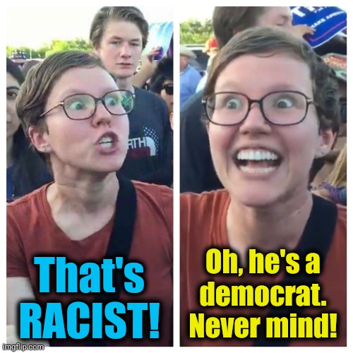 Social Justice Warrior Hypocrisy | That's
RACIST! Oh, he's a
democrat.
Never mind! | image tagged in social justice warrior hypocrisy | made w/ Imgflip meme maker