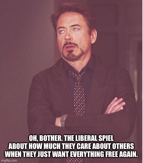 Face You Make Robert Downey Jr Meme | OH, BOTHER. THE LIBERAL SPIEL ABOUT HOW MUCH THEY CARE ABOUT OTHERS WHEN THEY JUST WANT EVERYTHING FREE AGAIN. | image tagged in memes,face you make robert downey jr | made w/ Imgflip meme maker