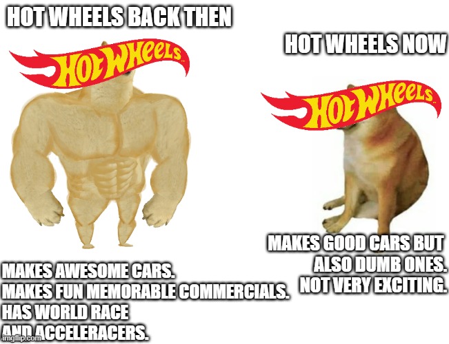 hot wheels | HOT WHEELS NOW; HOT WHEELS BACK THEN; MAKES AWESOME CARS.
MAKES FUN MEMORABLE COMMERCIALS.
HAS WORLD RACE 
AND ACCELERACERS. MAKES GOOD CARS BUT 
ALSO DUMB ONES.
NOT VERY EXCITING. | image tagged in hot wheels | made w/ Imgflip meme maker