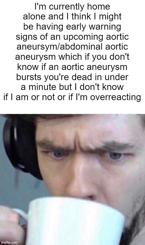 Concerned Sean | I'm currently home alone and I think I might be having early warning signs of an upcoming aortic aneursym/abdominal aortic aneurysm which if you don't know if an aortic aneurysm bursts you're dead in under a minute but I don't know if I am or not or if I'm overreacting | image tagged in concerned sean | made w/ Imgflip meme maker