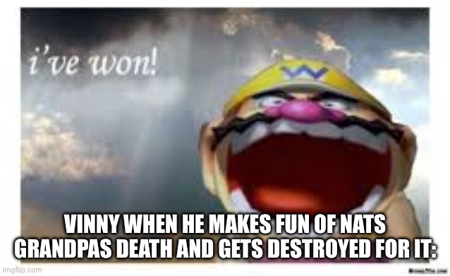 That kid needs to leave | VINNY WHEN HE MAKES FUN OF NATS GRANDPAS DEATH AND GETS DESTROYED FOR IT: | image tagged in wario wins | made w/ Imgflip meme maker