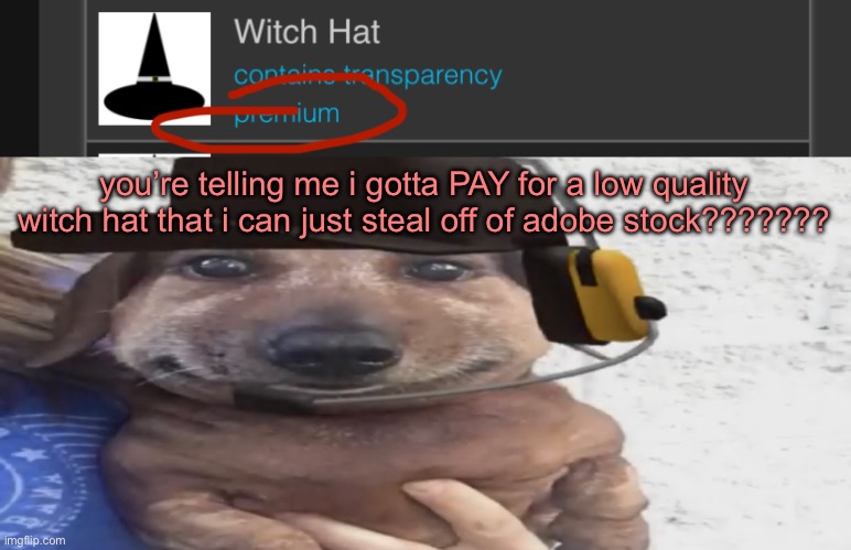 you’re telling me i gotta PAY for a low quality witch hat that i can just steal off of adobe stock??????? | image tagged in chucklenuts | made w/ Imgflip meme maker