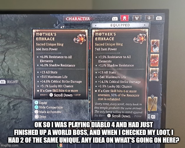 Any ideas on wtf is going on? | OK SO I WAS PLAYING DIABLO 4 AND HAD JUST FINISHED UP A WORLD BOSS, AND WHEN I CHECKED MY LOOT, I HAD 2 OF THE SAME UNIQUE. ANY IDEA ON WHAT'S GOING ON HERE? | image tagged in diablo,glitch,unique | made w/ Imgflip meme maker