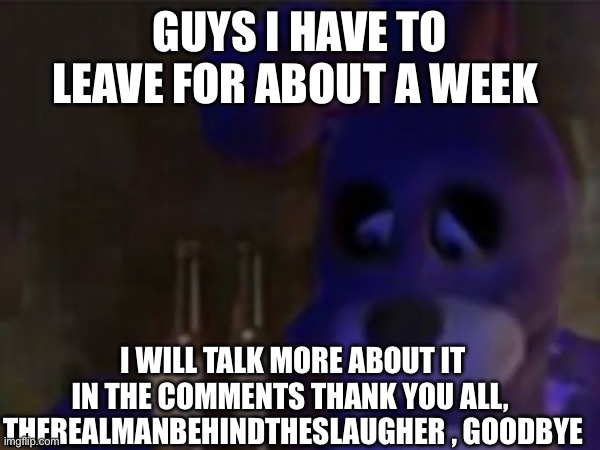 im sorry everyone | GUYS I HAVE TO LEAVE FOR ABOUT A WEEK; I WILL TALK MORE ABOUT IT IN THE COMMENTS THANK YOU ALL,  THEREALMANBEHINDTHESLAUGHER , GOODBYE | image tagged in depressed bonnie,goodbye,im sorry,why are you reading the tags | made w/ Imgflip meme maker