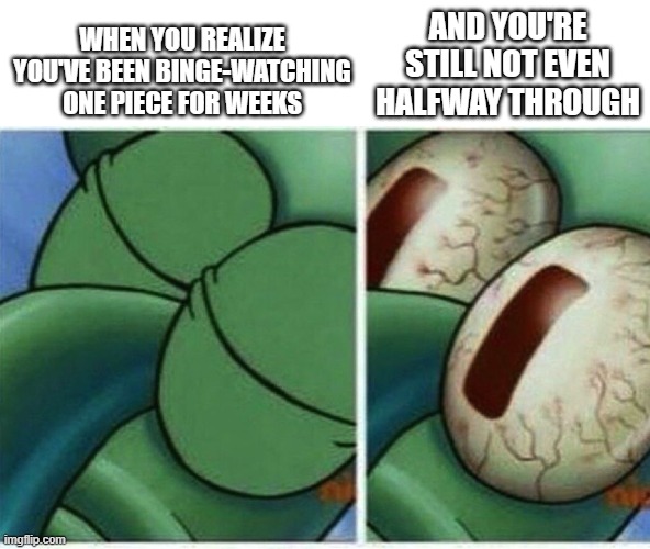 Squidward | WHEN YOU REALIZE YOU'VE BEEN BINGE-WATCHING ONE PIECE FOR WEEKS; AND YOU'RE STILL NOT EVEN HALFWAY THROUGH | image tagged in squidward,onepiece | made w/ Imgflip meme maker