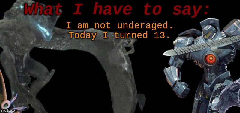 Now can ya'll stfu about my age? | I am not underaged.

Today I turned 13. | image tagged in kaijublue's template | made w/ Imgflip meme maker