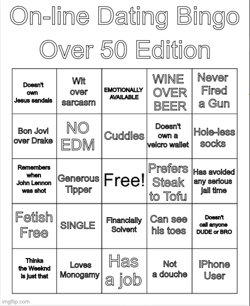 Blank Bingo | Over 50 Edition; On-line Dating Bingo; Wit  over  sarcasm; EMOTIONALLY 
AVAILABLE; Never 
Fired a Gun; Doesn't own 
Jesus sandals; WINE 
OVER
BEER; Cuddles; Hole-less socks; Doesn't own a velcro wallet; NO EDM; Bon Jovi over Drake; Remembers when John Lennon was shot; Has avoided any serious 
jail time; Prefers Steak to Tofu; Generous Tipper; Fetish Free; Doesn't call anyone 
DUDE or BRO; SINGLE; Can see his toes; Financially Solvent; Loves Monogamy; Thinks the Weeknd is just that; Has a job; iPhone User; Not 
a douche | image tagged in blank bingo | made w/ Imgflip meme maker