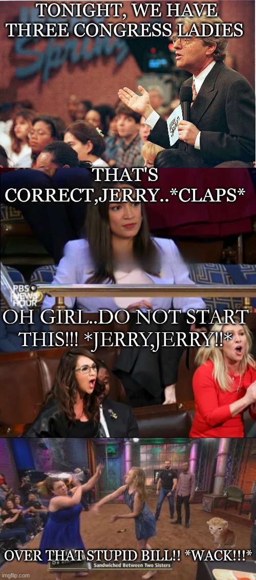 Three Congress Ladies on Jerry Springer... | TONIGHT, WE HAVE THREE CONGRESS LADIES; THAT'S CORRECT,JERRY..*CLAPS*; OH GIRL..DO NOT START THIS!!! *JERRY,JERRY!!*; OVER THAT STUPID BILL!! *WACK!!!* | image tagged in aoc boebert mtg,jerry springer,catfight | made w/ Imgflip meme maker