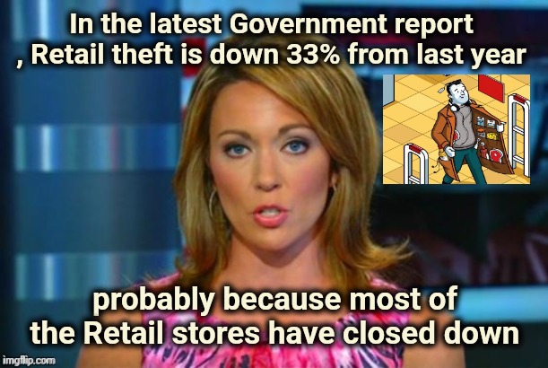 Real News Network | In the latest Government report , Retail theft is down 33% from last year probably because most of the Retail stores have closed down | image tagged in real news network | made w/ Imgflip meme maker