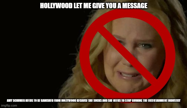 #banishamyschumer | HOLLYWOOD LET ME GIVE YOU A MESSAGE; AMY SCHUMER NEEDS TO BE BANISHED FROM HOLLYWOOD BECAUSE SHE SUCKS AND SHE NEEDS TO STOP RUINING THE ENTERTAINMENT INDUSTRY | image tagged in amy schumer,public service announcement,banishment | made w/ Imgflip meme maker