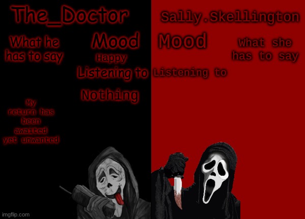 Doctor and sally | Happy; My return has been awaited yet unwanted; Nothing | image tagged in doctor and sally | made w/ Imgflip meme maker