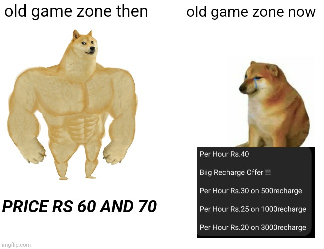 Buff Doge vs. Cheems Meme | old game zone then; old game zone now; PRICE RS 60 AND 70 | image tagged in memes,buff doge vs cheems | made w/ Imgflip meme maker