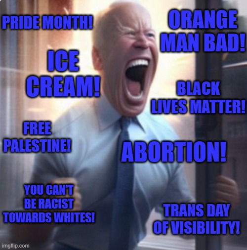 Average leftist thoughts | ORANGE MAN BAD! PRIDE MONTH! ICE CREAM! BLACK LIVES MATTER! FREE PALESTINE! ABORTION! YOU CAN'T BE RACIST TOWARDS WHITES! TRANS DAY OF VISIBILITY! | image tagged in biden lets go,leftists,libtards,liberals,leftism,democrats | made w/ Imgflip meme maker