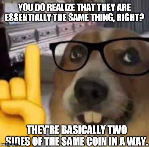 nerd dog | YOU DO REALIZE THAT THEY ARE ESSENTIALLY THE SAME THING, RIGHT? THEY'RE BASICALLY TWO SIDES OF THE SAME COIN IN A WAY. | image tagged in nerd dog | made w/ Imgflip meme maker