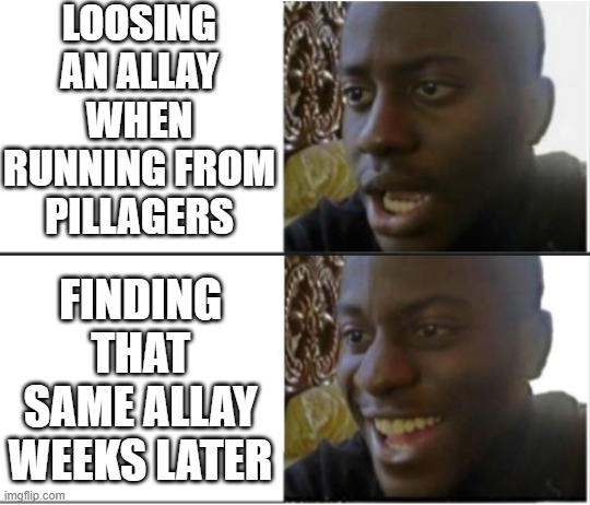 Black Man Shocked and Happy | LOOSING AN ALLAY WHEN RUNNING FROM PILLAGERS; FINDING THAT SAME ALLAY WEEKS LATER | image tagged in black man shocked and happy | made w/ Imgflip meme maker
